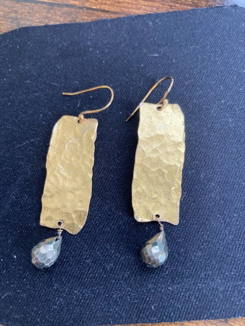Artisan Pierced Earrings Gold Plate Sterling Silver Hammered Dangle Pyrite Stone